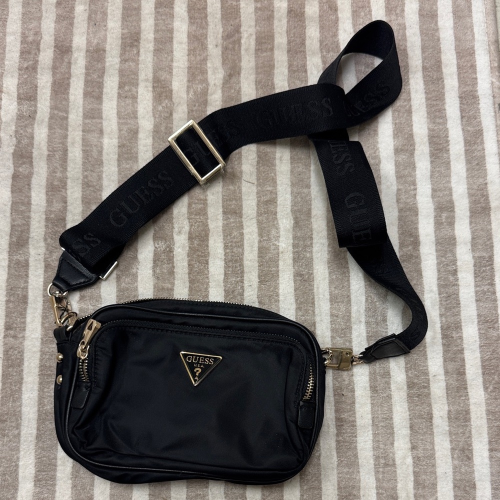 GUESS Black Belt Bag with Gold Accents